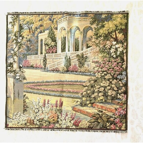 Italian Woven Tapestry Wall Hanging With Floral Garden Lake Como Scene 19" x 19" - Picture 1 of 7